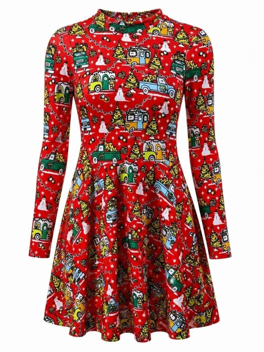 Born Famous Christmas Camper Truck Tree Swing Dress Women's S Red Long Sleeve Ho